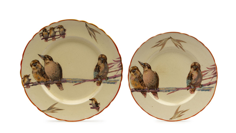 Two English porcelain kookaburra plates by CRISP, stamped "Royal Staffordshire Pottery, A. J. Wilkinson Ltd. Honeyglaze", 23cm and 27cm diameter