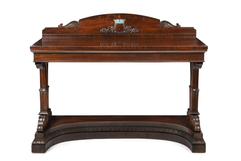 A superb Colonial servery table, finely carved in Australian cedar with hand-painted and carved armorial crest for the Poole family, New South Wales origin, circa 1830. A tour-de-force of Colonial craftsmanship, the design executed from the 1826 GEORGE SM