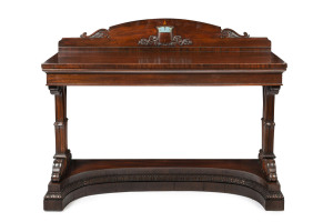 A superb Colonial servery table, finely carved in Australian cedar with hand-painted and carved armorial crest for the Poole family, New South Wales origin, circa 1830. A tour-de-force of Colonial craftsmanship, the design executed from the 1826 GEORGE SMITH design pattern book "THE CABINET MAKERS AND UPHOLSTERS GUIDE", plate No.109. The matching hall chairs with the identical painted crest now form part of the AUSTRALIAN FUND collection and are described by them as "Australian cedar Hall Chairs