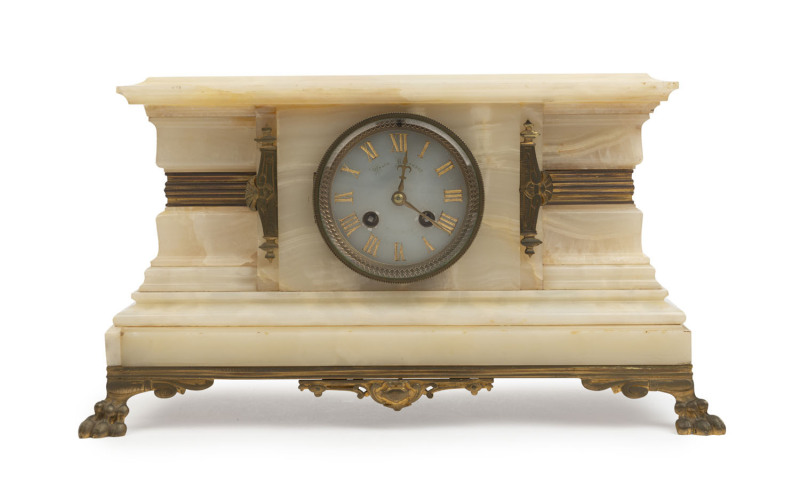 WALSH BROTHERS mantel clock, French time and strike movement in a fine white onyx and ormolu case, 19th century. Walsh Brothers were one of largest jewellers in the colonies in the 19th century. Established by Henry Swallows Walsh in Melbourne in 1850 the