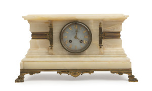 WALSH BROTHERS mantel clock, French time and strike movement in a fine white onyx and ormolu case, 19th century. Walsh Brothers were one of largest jewellers in the colonies in the 19th century. Established by Henry Swallows Walsh in Melbourne in 1850 the business soon grew to include his sons in 1855 and the new name of Walsh Brothers was born. With key and pendulum. 24cm high, 42cm wide, 20cm deep