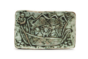 ELLIS pottery plaque with animals and figure in boat, signed "M. D. Ellis", 16 x 26cm