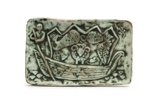 ELLIS pottery plaque with animals and figure in boat, signed "M. D. Ellis", ​16 x 26cm