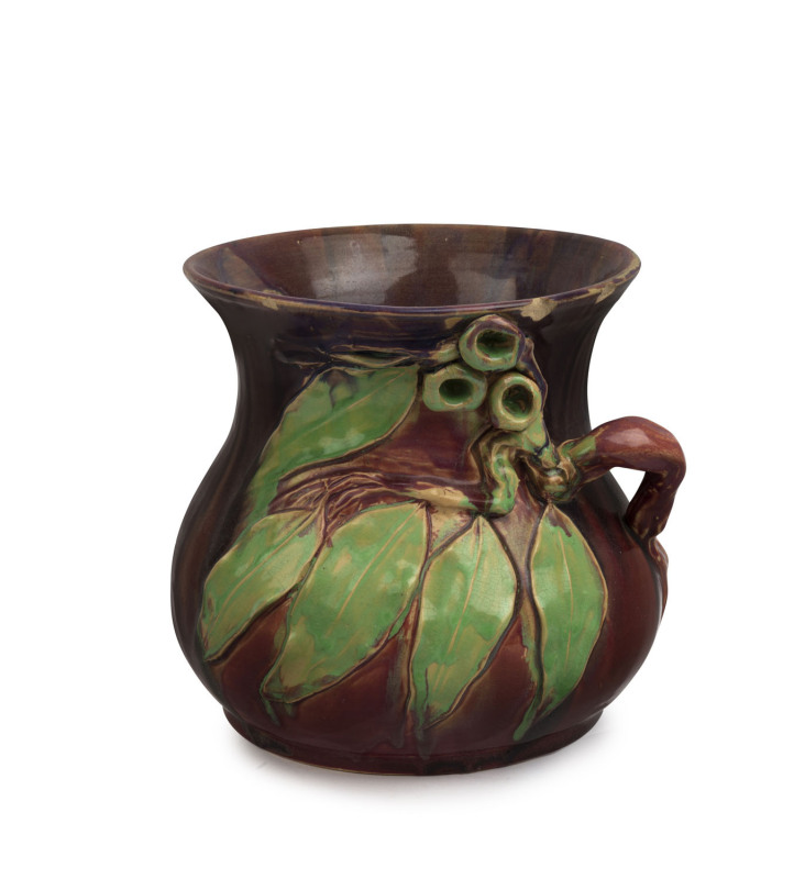 MARGARET KERR rare Australian pottery vase adorned with gumnuts and leaves, glazed in pink and green, incised "Margaret Kerr, Melbourne", ​an impressive 21.5cm high, 24cm wide