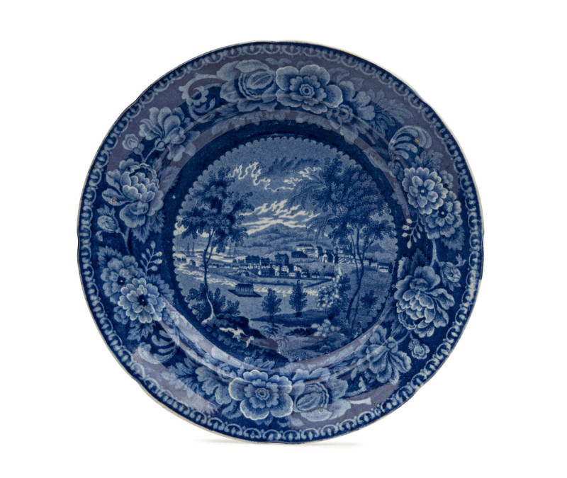 "HOBART TOWN" circa 1825, Staffordshire earthen ware plate with blue & white transfer pattern. (After) George William Evans who originally published the image as a frontispiece to his book on the colony in 1822. Earliest known depiction of Australia on po