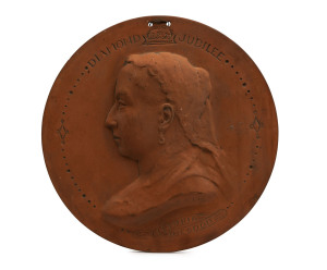 PERCIVAL BALL (1845-1900), Queen Victoria Diamond Jubilee plaque, moulded terracotta, late 19th century, signed "Percival Ball Sc. 1897". Ball arrived in Melbourne in the 1880s and set up his studio in LaTrobe Parade off Collins Street. Notably working in