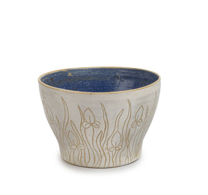 ARTHUR MERRIC BOYD pottery bowl with floral sgraffito motif, incised "Arthur Merric Boyd Pottery, 1946", 9cm high, 13.5cm diameter