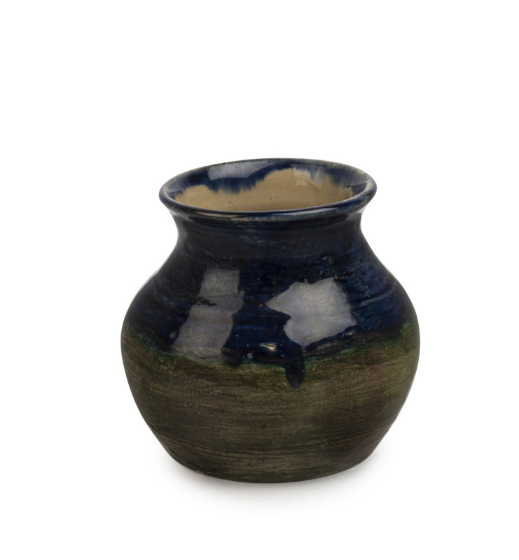 STAN AND GEOFF GILBERT green and blue glazed pottery vase, incised "S. + G. Gilbert, VIC, Aust.", 8.5cm high, 9cm wide
