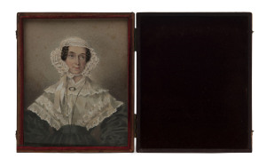 MARTHA S. BERKELEY (attributed) (1813-1899), portrait of a lady, watercolour in bi-fold leather case, ​16 x 13cm