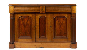 A fine Australian sideboard with beautifully selected cuts of blackwood including fiddleback, flame and butt cut, Melbourne origin, circa 1875, 92cm high, 144cm wide, 45cm deep