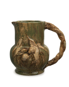 WILLIAM ANDERSON pottery jug with applied gumnuts and leaves, incised "W.S. Anderson, Lorne Clay", 14.5cm high, 16cm wide