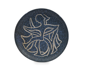 KLYTIE PATE "The Dancers" blue glazed pottery plaque, incised "Klytie Pate", 19cm diameter