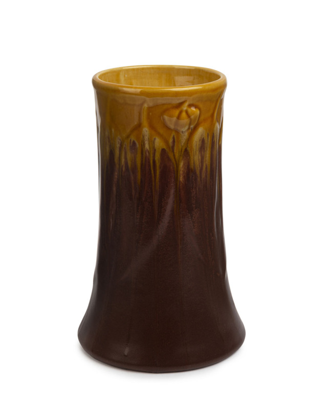MELROSE WARE baluster shaped vase with gumnuts and leaves glazed in yellow and brown, stamped "Melrose Ware Australian", ​22.5cm high