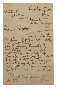 A LETTER FROM ARTHUR STREETON to ROGER LEECH of BRIGHTON, VICT. Undated (but October 1892) , 2-page ALS, headed "Highbury Grove, Kew. Between the Cemetery & the Asylum", in which Streeton offers to meet with Leech "if you are so interested as to invest a 