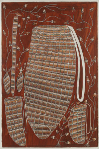 JAMES IYUNA (attributed) (1959-2016), untitled (dillibags), natural earth pigments on parchment, framed and glazed, 152 x 101cm