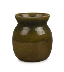 MERRIC BOYD green glazed pottery vase, incised "Boyd 1929", factory chip underglaze to rim, 14cm high, 13cm wide