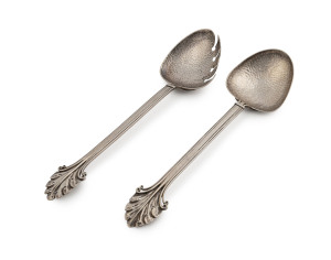 LINTON pair of Australian silver serving spoons in the Art Nouveau style, early 20th century, stamped "JAL, ST. SILVER" with additional pictorial mark, 24cm long, 152 grams total.