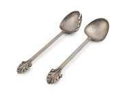 LINTON pair of Australian silver serving spoons in the Art Nouveau style, early 20th century, stamped "JAL, ST. SILVER" with additional pictorial mark, ​24cm long, 152 grams total.