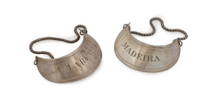 HENRY STEINER Australian silver decanter labels "MADEIRA" and "CLARET", 19th century, (2 items), stamped "H. ST." with lion and pictorial mark, 6.5cm wide, 32 grams total