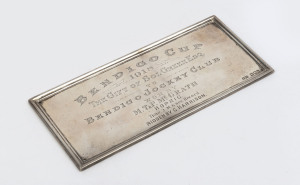 BENDIGO CUP 1918 sterling silver presentation plaque by HARDY BROTHERS, engraved "BENDIGO CUP 1918, The Gift Of Sol Green Esq. To Bendigo Jockey Club Won By M.T. & P. McGrath, Hoprig. Time 2 M. 6 Sec. Record Ridden By G. Harrison", 7 x 16cm, 140 grams