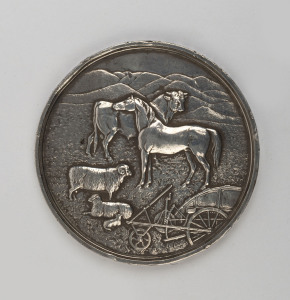 "THE ROYAL AGRICULTURAL AND HORTICULTURAL SOCIETY OF SOUTH AUSTRALIA" silver medal (70mm) by J.S.& A.B. Wyon, inscribed around edge "Awarded To J. Fewings For Land Grading Machine, 1904", 142 grams