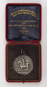 "The Hunters' Improvement & National Light Horse Breeding Society 1932" sterling silver medal in plush fitted box, (44mm).