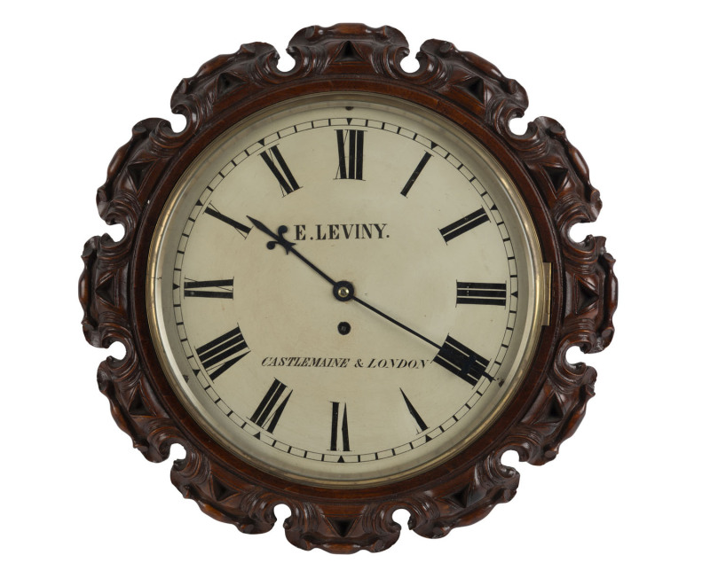 ERNEST LEVINY Jewellery shop wall clock, Castlemaine, Victoria. Single train English fusee movement in a finely carved Australian cedar and pine case, mid 19th century. 45cm diameter.