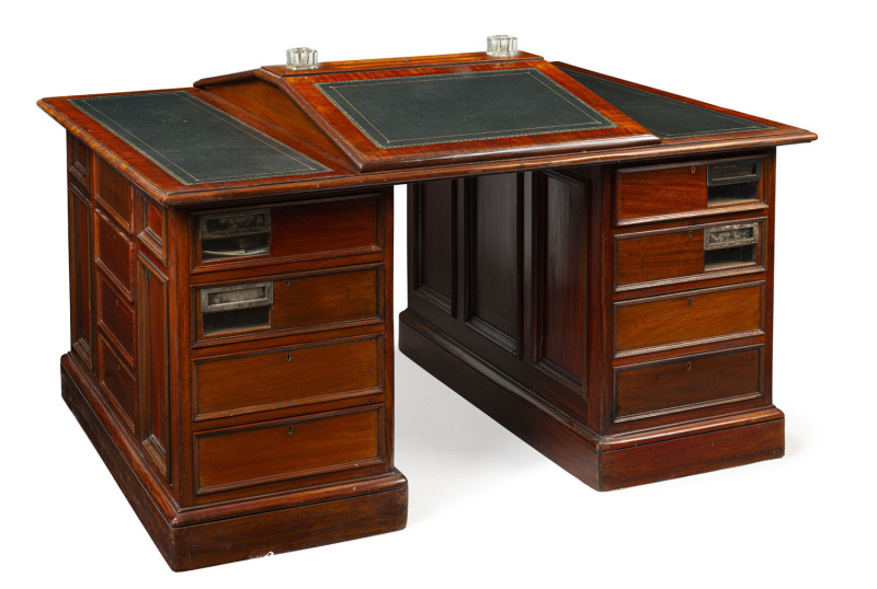 MELBOURNE STOCK EXCHANGE twin pedestal partners desk, Australian cedar with embossed leather top, 19th century. Each member of the exchange paid a yearly subscription for a post-box drawer within the partners desk addressed to The Exchange, Hall Of Commer