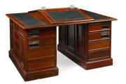 MELBOURNE STOCK EXCHANGE twin pedestal partners desk, Australian cedar with embossed leather top, 19th century. Each member of the exchange paid a yearly subscription for a post-box drawer within the partners desk addressed to The Exchange, Hall Of Commer