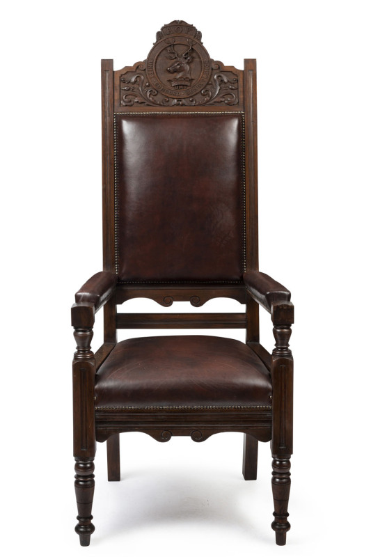 ANCIENT ORDER OF FORESTERS impressive throne chair, carved blackwood with leather upholstery, an imposing 184cm high, 75cm wide, 65cm deep