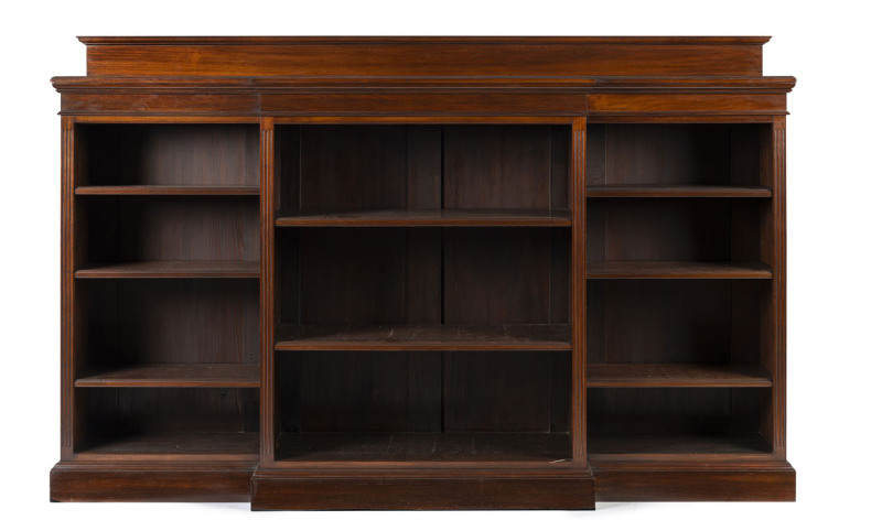 An Australian breakfront open bookcase, solid blackwood construction with adjustable shelving, most likely Melbourne origin, circa 1885, 135cm high, 216cm wide, 38cm deep