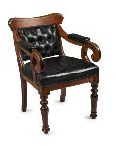 A Colonial Australian barber's chair, kauri pine with black studded leather upholstery, head rest missing, 19th century, 62cm across the arms