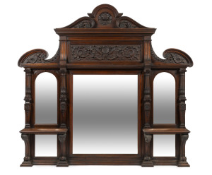 An impressive Australian mirrored overmantel with finely carved walnut frame, Melbourne origin, circa 1890s, possibly the work of Treed or Prenzel, 168cm high, 182cm wide, 20cm deep