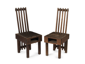 ERIC NICHOLLS pair of bible chairs from the Men's Fellowship Room, Wesleyan Methodist Church, Kew, Australian hardwood and leatherette, circa 1919. Rare.