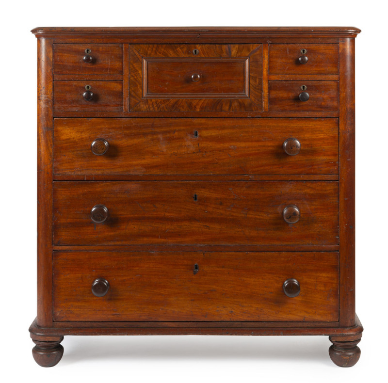 A Colonial chest of drawers, Australian cedar with finely selected cuts on the hat drawer, cedar secondary timbers with Baltic pine backing boards, South Australian origin, circa 1855, 129cm high, 128cm wide, 54cm deep