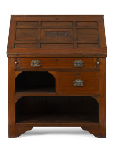 An Australian bureau desk, carved blackwood and kauri pine. circa 1900, 114cm high, 92cm wide, 53cm deep