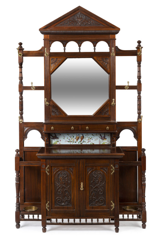 CLIVEDEN MANSION hallstand, an impressive and imposing piece crafted in blackwood with original metal fittings, mirrored centre and fine English Arts & Crafts tiles featuring Australian birds,19th century. Cliveden Mansion built in 1887 for SIR WILLIAM CL