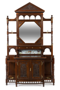CLIVEDEN MANSION hallstand, an impressive and imposing piece crafted in blackwood with original metal fittings, mirrored centre and fine English Arts & Crafts tiles featuring Australian birds,19th century. Cliveden Mansion built in 1887 for SIR WILLIAM CLARKE and was a tour-de-force of Victorian architecture that dominated the East Melbourne skyline. The property and contents were sold in 1914 and the mansion was then converted into apartments. 265cm high, 155cm wide, 48cm deep