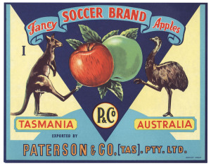 FRUIT BOX LABELS: A collection of colourful labels, circa 1930s for apples, pears and citrus fruits, including  for C. Geo. Kellaway & Sons, H. Jones & Co., W.D. Peacock & Co., B.P. Atkinson & Son, Melba, Producers Co-Operative, Paterson & Co., etc. Lovel