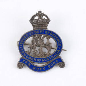 Sterling silver & blue enamel badge issued "TO WOMEN OF AUSTRALIA FOR DUTY DONE", impressed number 33135 verso; made by Wm McLean & Co., Melbourne.