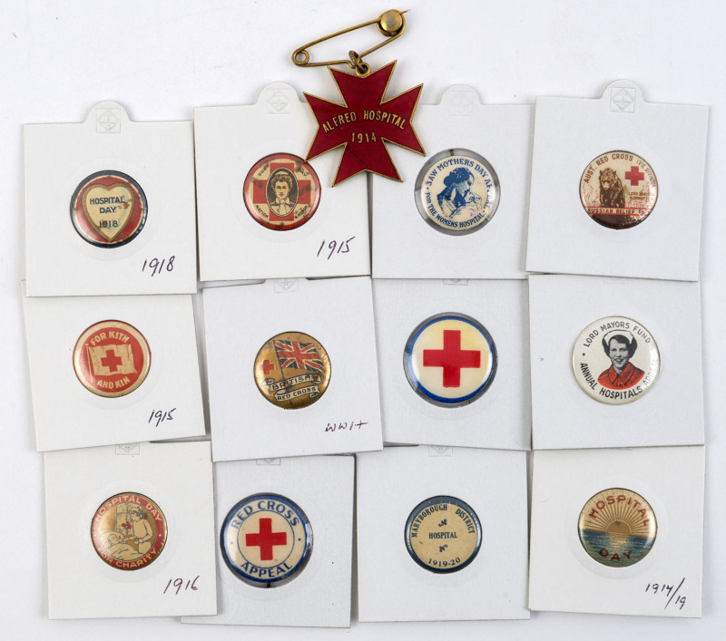 HOSPITAL & RED CROSS BADGES: A small collection including a 1914 ALFRED HOSPITAL Maltese cross in red enamel (by Stokes) with clasp, 3AW Mothers Day Appeal for the Women's Hospital, Hospital Day 1918, Maryborough District Hospital 1919-20, Australian Red