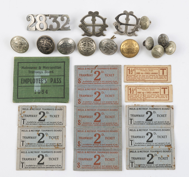 MELBOURNE METROPOLITAN TRAMWAYS BOARD: An "EMPLOYEE'S FREE PASS" for 1954, three badges (by Luke or Stokes) and 11 buttons. Also, a small group of early tickets, mainly in strips. 