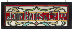 "JOHN BATES & COMPANY" (Christchurch) framed leadlight shop window. John Bates & Company famed for retailing high end ceramics and decorative arts such as Royal Doulton and other upmarket pottery, porcelain and glass makers of the time. The sign was used 