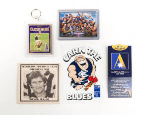 c1981-99 range, noted 1981 Hamilton FC coasters [19]; 1990 ABC Radio "weg stickers" [15/30]; 1998 Ansett "Player Pop-Ups" [16]; 1999 Select "North Melb Premiership Card"; Tip Top bread wrappers (2). Mainly G/VG.