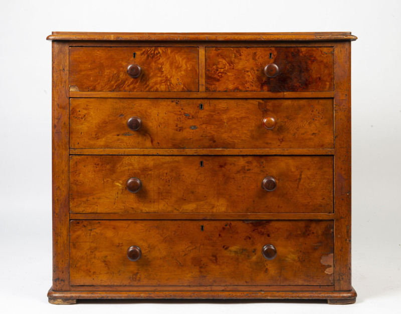 A Colonial chest of five drawers, birdseye huon pine with pine secondary timbers, Melbourne origin, circa 1875, ​93cm high, 105cm wide, 50cm deep