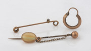 An antique rose gold and solid opal stickpin, hoop earring and diamond set bar brooch (incomplete), 19th century, (3 items), 4.7 grams total