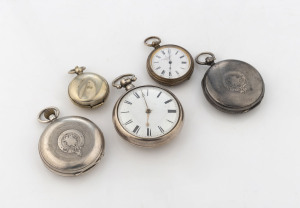 Four antique silver cased pocket watches, one crown wind with dial marked T. GAUNT & Co. Melbourne, two with fusee movements the other a lady's key wind example; together with an antique sovereign case, 19th century, (5 items).