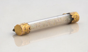 An antique 15ct gold bar brooch with glass cylinder of opal chips, 19th century, stamped "15ct", ​5.3cm wide