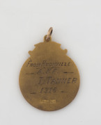 TASMANIAN INTEREST, 9ct gold fob engraved "From Huonville A.I.F. T. TANNER, 1916", stamped "H.S. 9c", 3.5cm high, 6 grams