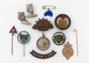 Badges, cufflinks, medals etc, including a 9ct gold fob (3 grams), plus a gold and pearl stickpin, (11 items),&nbsp;